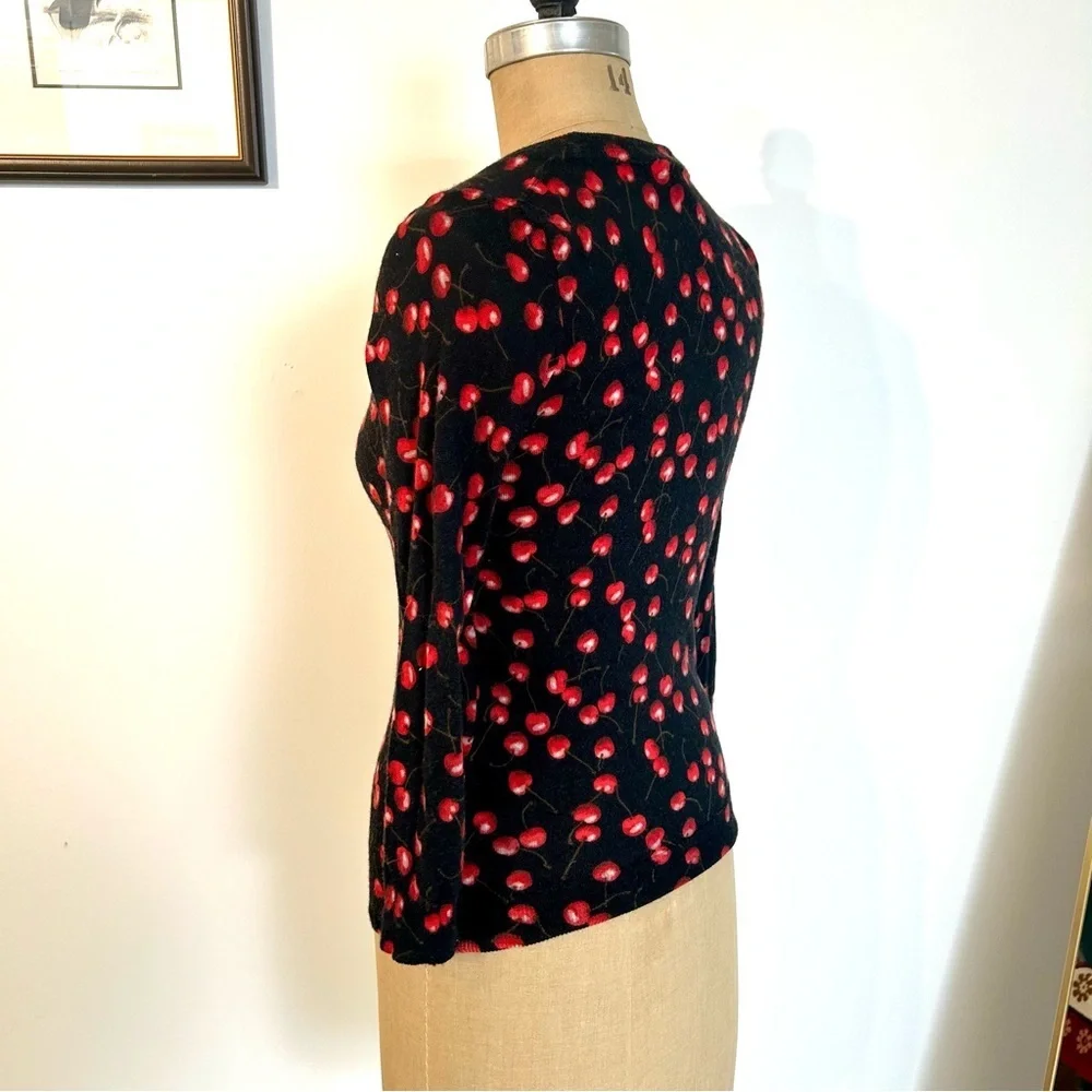 J. Crew Black and Red Cherry Print Tippi 3/4 Sleeve Crew Neck Sweater S